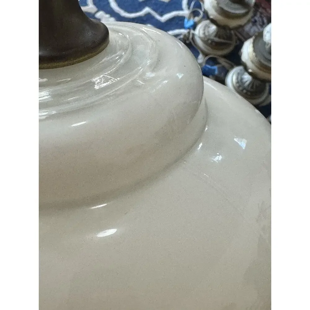 Pair VTG MCM Milk Glass Ginger Jar Table Lamps 14” Leviton Silver Base Retro
